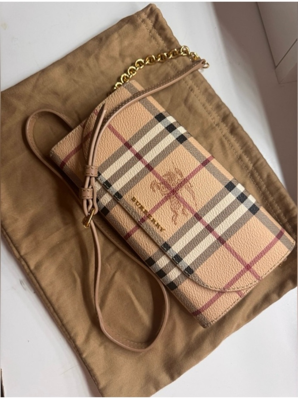 Burberry Pink Beige Check Leather Crossbody with Gold Chain